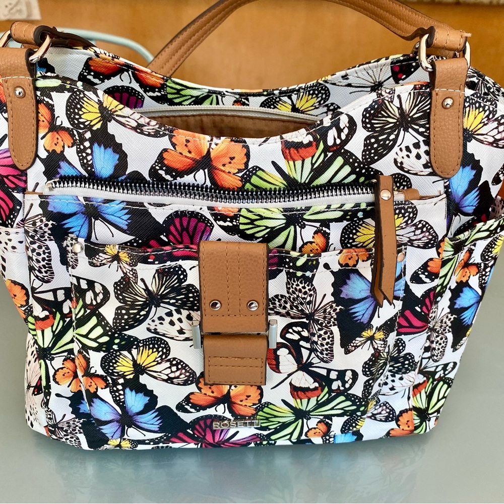 Rossetti Butterfly Tote - Satchel, White with Butterfy Pattern Faux Leather